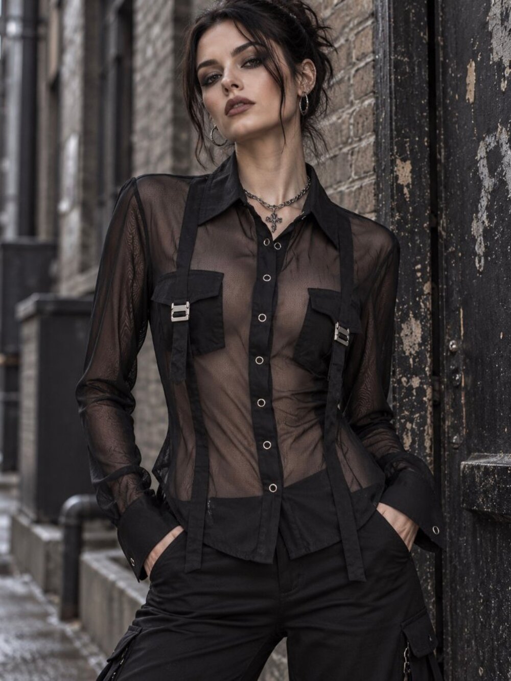 Y2K Goth Sheer Mesh Utility Shirt Black L Bisou Bisou Buckle Pockets